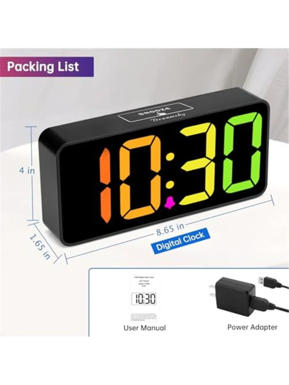 Digital Alarm Clock Large Display Big Numbers RGB Dimmable Loud USB Clock